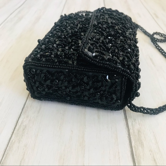 Black Sequined & Beaded Handbag with Long Beaded Strap - Picture 8 of 11
